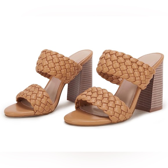 Shoes - Braided Heeled Sandals Round Toe Backless Strappy Block Double Straps